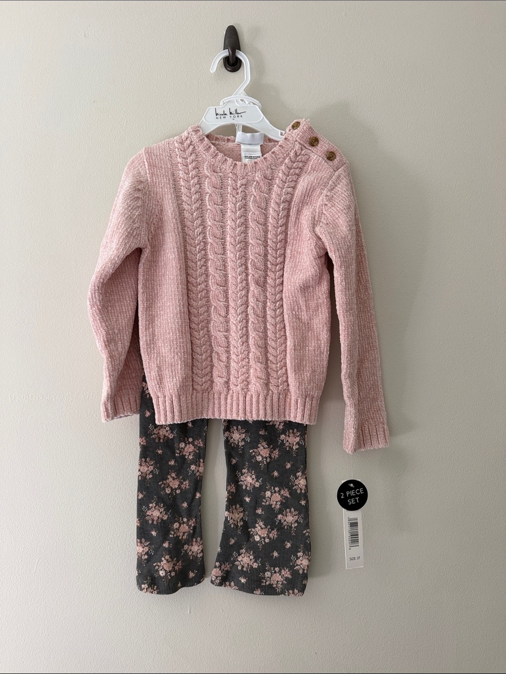 Cozy Pink Cable-Knit Sweater Set with Floral Pants